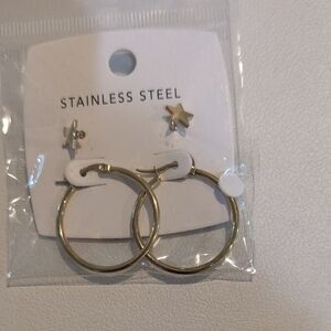 Stainless Steel Gold Tone Star Hoop Earrings Hypo Allergenic